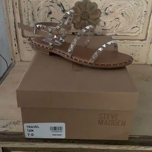 Steve Madden travel sandal size 7, tan with silver studs.  New with box.